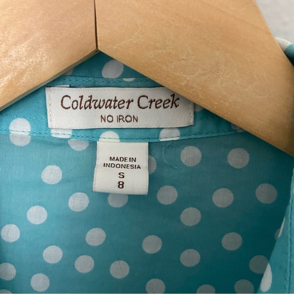 Coldwater Creek No Iron Aqua Blue Polka Dot Button Up 100% Cotton Sz S/8 - Picture 5 of 7